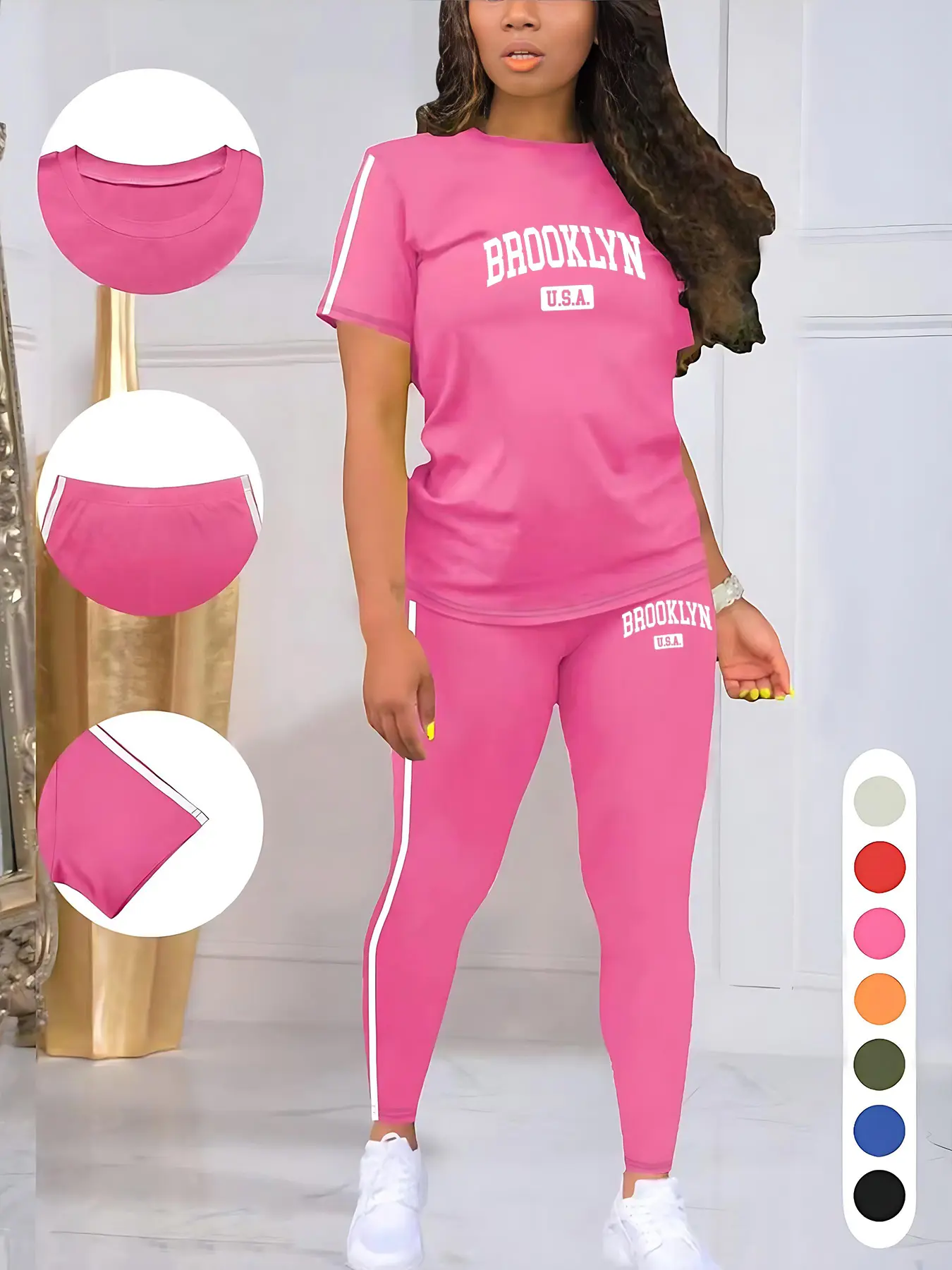 Women's Casual Workout Loungewear Letter Print Sporty Round Neck Drawstring Short Sleeve Top and Long Pants Two-Piece Set, Sport Casual Outfit, Fitted Style, Fitted Sportswear Set, Workout Sets