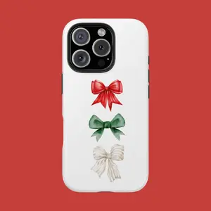 Holiday Ribbon Bows Phone Case for iPhone 17 Series Christmas Red Green Beige Protective Cover with UV Protection Wireless Charging Support