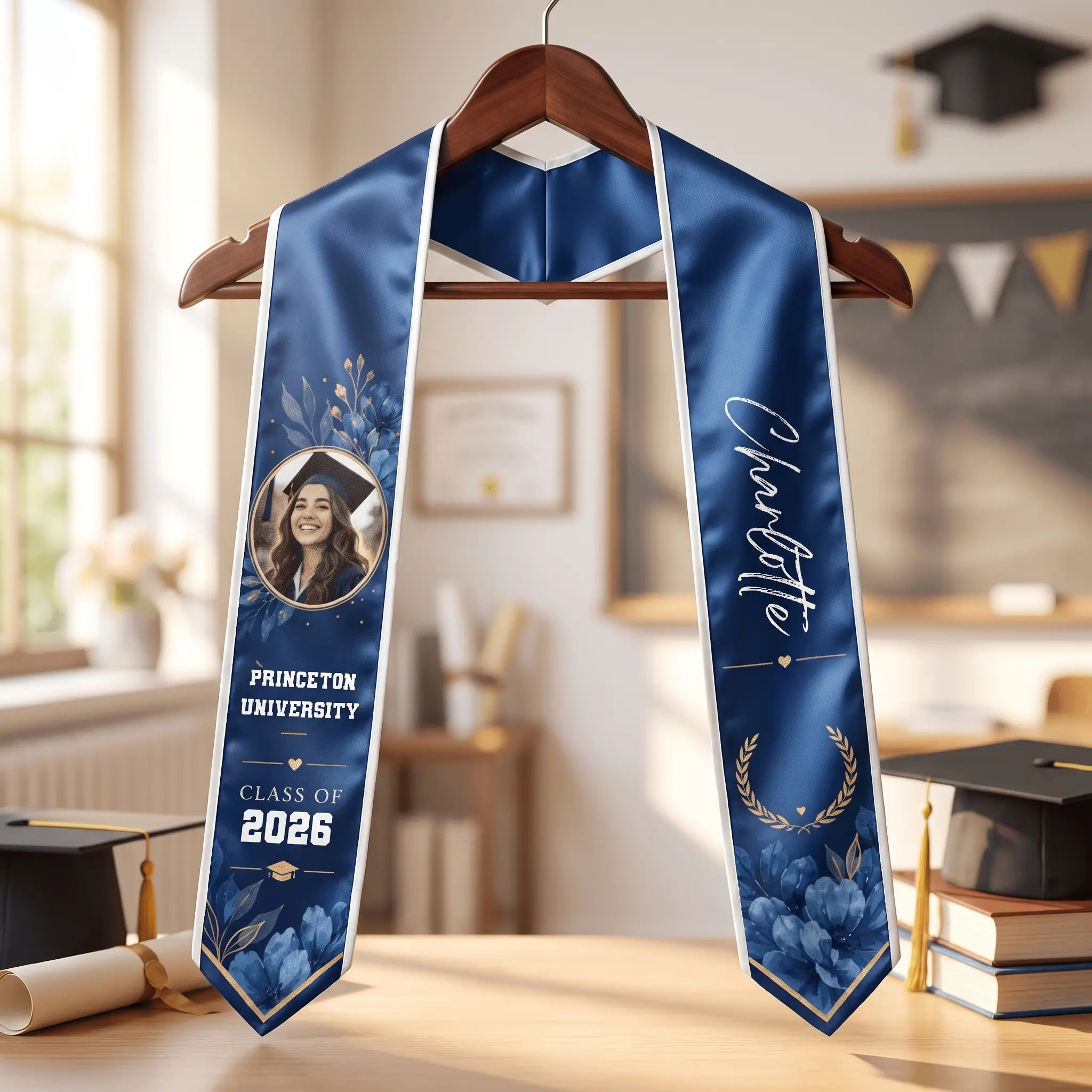 Personalized Blue Floral Graduation Stole – Custom Name