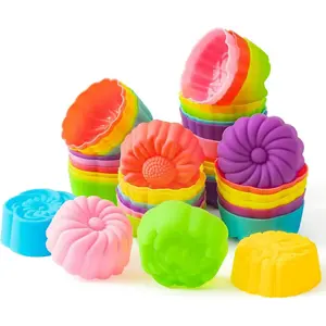 42 count Molds Cupcake 2 Inch Mini Size Reusable Muffin Lines Washable Non-Stick Donut Waffle Mold Flower Shapes Baking Cups for Pan Oven Microwave Dishwasher