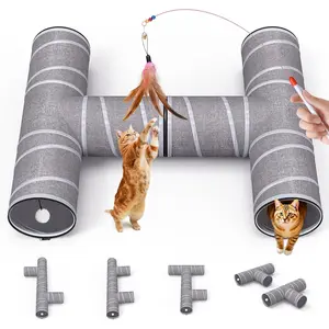 Cat Tunnel 4 Way with Teaser Wand & 2 Plush Ball, 5 Shapes Available, 54/80.7" L, H-Shaped Collapsible Pet Play Tube Maze for Kitten Puppy Bunny Ferret Rabbit, Indoor/Outdoor Peekaboo Cave