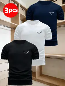 Men's New Round Neck Short Sleeve T-Shirt Set, Hollow Cow Head Print, Loose Fit, Casual Commute Wear, All Seasons Comfort