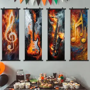 4-Piece Hanging Banner Set, Flame Art Style Musical Instrument & Note Posters, Modern Living Room Decor, Waterproof Print, Home Wall Art, Decoration