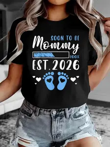 100% Cotton Expecting Mom To Be, Soon To Be Mommy Est. 2026 T-shirt Short Sleeve Crew Neck Casual Top For Summer & Spring, Women's Clothing