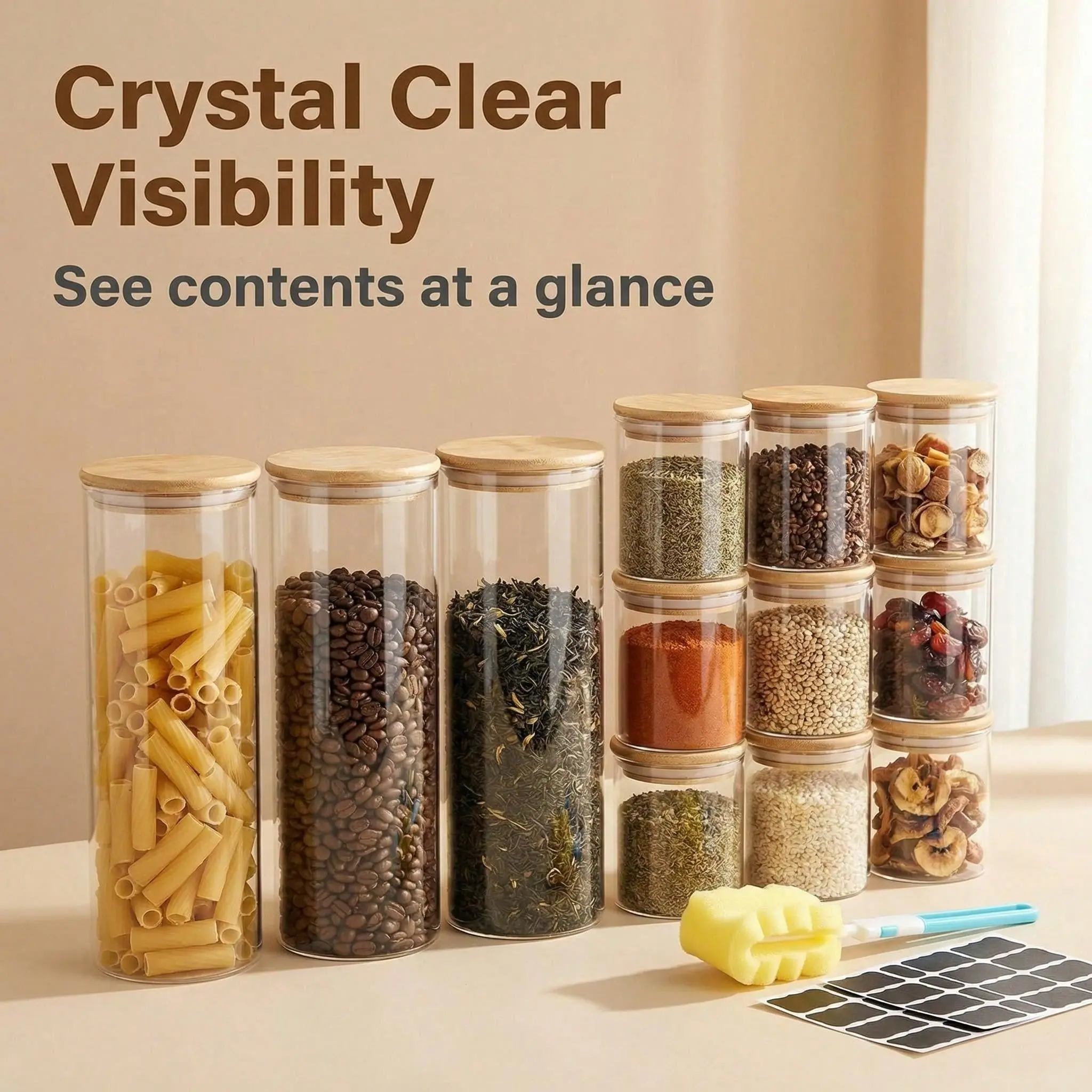 12-Piece Wide Transparent Glass Storage Jar Gift Set - 3x2200ml(74oz) & 9x500ml(17oz) Kitchen Preserving Containers with Dry Goods Labels, Pasta Claws, Cleaning Brushes, Stickers & Pens