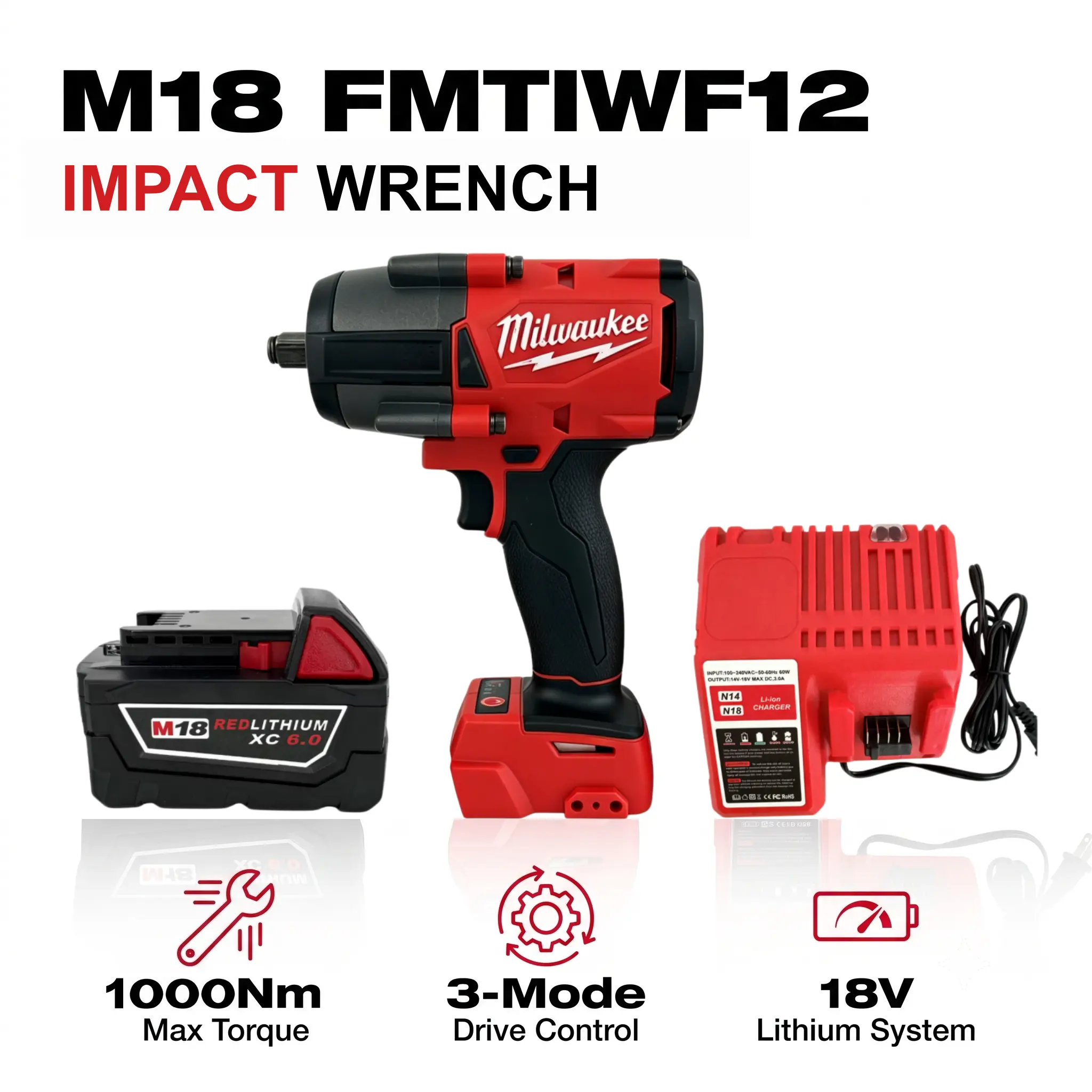 Milwaukee M18 FMTIWF12 1000Nm Impact Wrench 18V 1/2 Inch Drive High Torque Brushless Tool, Powerful Bolt Remover With 3-Speed Settings For Car Repair, Tire Change, Garage Maintenance & Construction