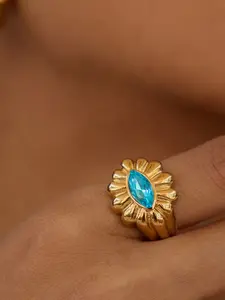 Ladies Ring Blue Zirconium Flower Stainless Steel 18k Gold Plated Waterproof And Anti Allergy Statement Ring Trendy Ins Sweet And Cool Style Charming And Versatile Jewelry