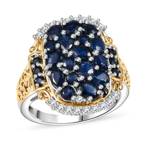 Premium Blue Sapphire and Moissanite 3.25 ctw Gilded Dynasty Ring in 18K Vermeil Yellow Gold and Rhodium Over Sterling Silver Size 6 Christmas Gifts