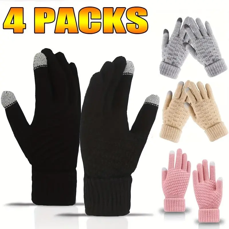 Unisex Plain Knit Touch Screen Winter Gloves - 4 Pairs Fashionable Mittens with Cold Weather Protection, Keep Warm Fashion Accessories, Assorted Colored Women's Gloves, Knit Fabric, Simple Look, Assorted Colors, Mittens For Adults, Colorful Knit Women's G