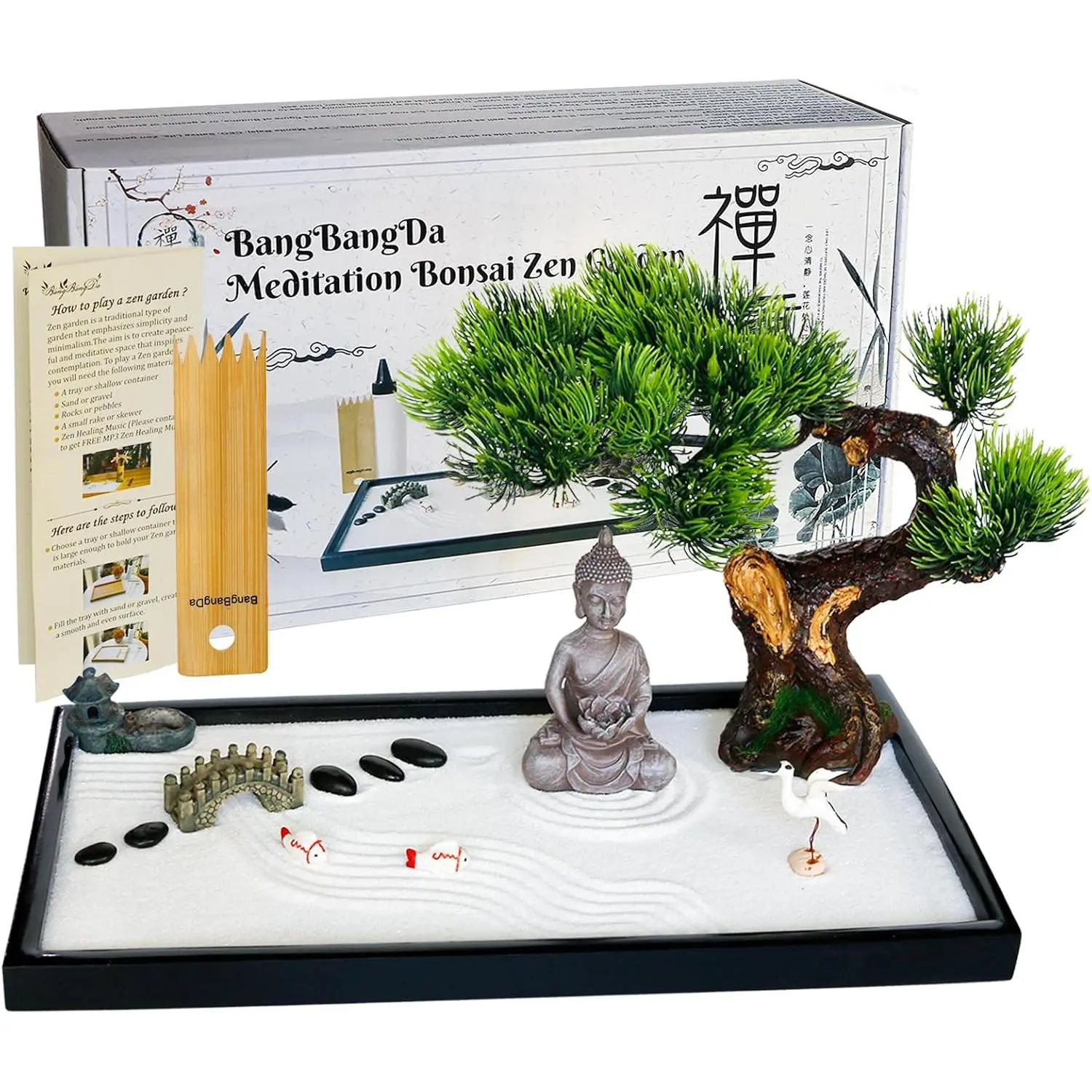 16-Piece Mini Japanese Zen Garden Desk Kit - Stress Relief Home Decor with Decorative Sculptures, Wooden Ornaments, Plastic Meditation Rock Statue, Sand, Bamboo Rake Tool, Bonsai Tree, Pagoda, Ancient Well, 13.7"x7.8" Indoor Office Desktop Gift