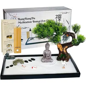 Mini Japanese Zen Garden Desk Kit - Decorative Sculptures, Meditation Rock Statue, Sand, Bamboo Rakes, Bonsai Tree, Pagoda Accessories, Traditional Home Decor, Unique Office Desktop Decoration, Birthday Gift