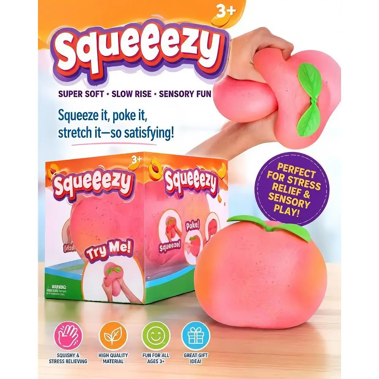 Squeeezy Super Soft Slow Rise Peach Sensory Fun Toy for Stress Relief and Sensory Play Ages 3+ Perfect for Kids