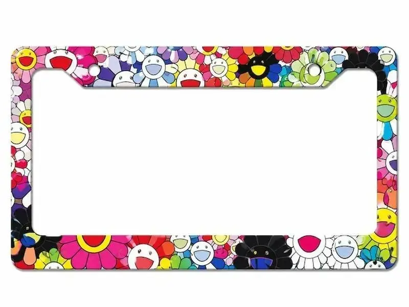 Takashi Murakami Flower License Plate Frame, Dark Multicolor Smiley Flower Car Tag Holder, Murakami Art Vanity Plate Cover, JDM Auto Decor Gift