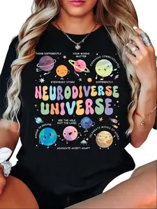 Women's 100% Cotton Short-Sleeve Breathable Casual Fit T-Shirt, Neurodiverse Universe Autism Awareness Design with Planets summerwins