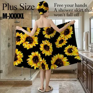 Plus Size M-XXXXL Black Sunflower Print Bath Wrap Skirt & Hair Towel Set, Non-Slip Adjustable Shower Skirt for Bathroom, Spa, Bridal Shower, Summer Vacation