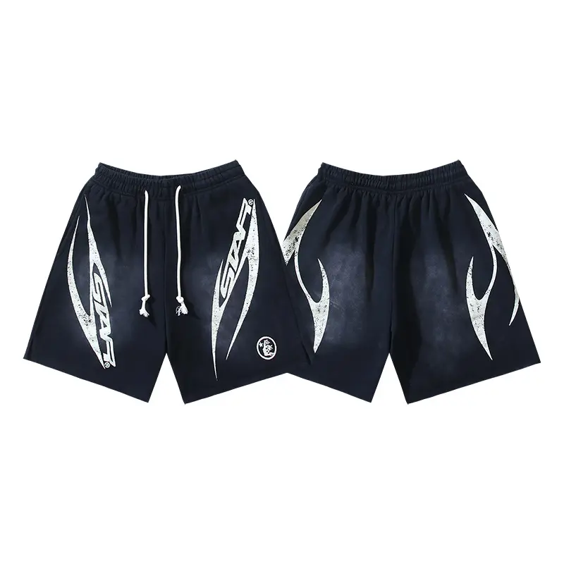 Hell Studios Men's Washed Cotton Classic Diagonal Letter Star Gel Sports Shorts, Casual Streetwear Summer Everyday Outfit Gift