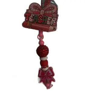 Teacher Id Holder with Red Glitter Beads and Bow Charm for School Staff