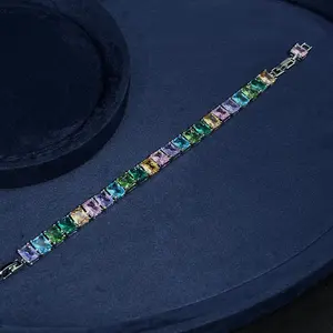 Women's Colorful Cubic Zirconia Link Bracelet, Sparkling Multi - colored Gemstones, Elegant Rectangle Cut, Ideal for Party and Daily Wear