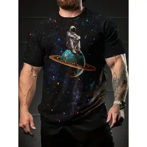 Men's 3D Digital Print Space Astronaut & Planets T-Shirt - Breathable Round Neck Short Sleeve, Lightweight Casual Casual Attire, Machine Washable, for & Solar System Design with Astronaut on for SATURN, Ideal Gift for Sci-Fi Fans & Astronomy Lovers