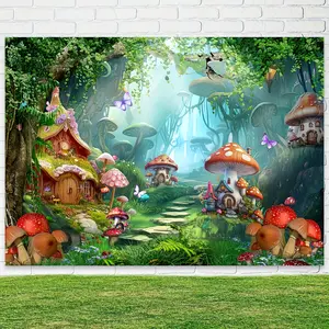 Enchanted Forest Mushroom House Backdrop – Fairy-Tale Tree Houses, Giant Mushrooms & Butterfly Scene, Perfect for Kids' Parties & Whimsical Decor, Brings Magical Cozy Vibe, kids christmas gifts, 2D Print