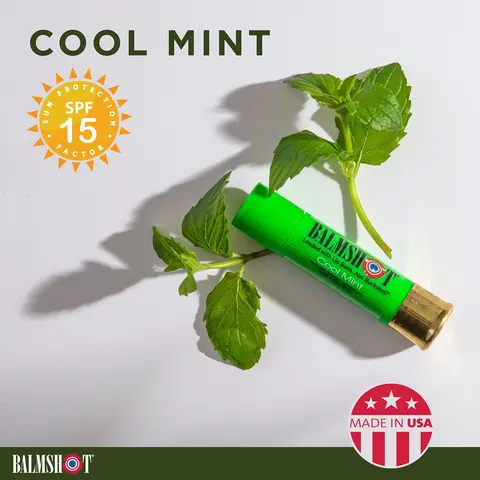BALMSHOT Cool Mint Beeswax Lip Balm - Non-Lethal Real Shotgun Shell Dispenser, USA Made, Double Barrel, SPF 15 Sun Protection, Natural Aloe-Infused, Soothing Moisturizing Lip Care, Natural Ingredients, Great Gift for Hunting Hiking Enthusiasts