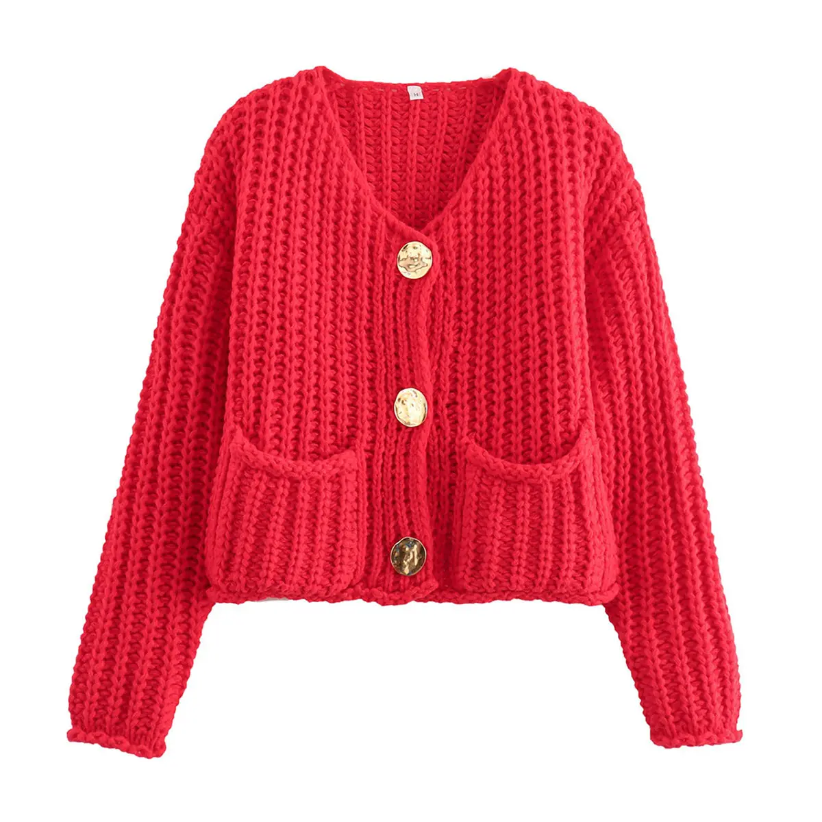 Naeduo Women's Cropped Cardigan Sweater Long Sleeves Button Down Chunky Knitted Coat Chic Red