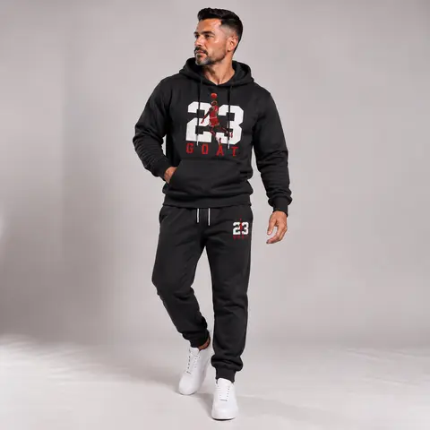 Men's Goat 23 Pattern Print Hoodie and Drawstring Sweatpants Set, Menswear, Casual Athletic Long Sleeve Hooded Jacket & Trousers for Fall & Winter, Men's Clothing for Daily Wear, Sportswear Indoor Outdoor, Tracksuit, Athleisure Minimalist