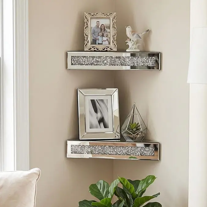Mirrored Floating Corner Shelf Set of 2 - 11.8" Triangle Silver Mirror Crushed Diamond Wall Shelves for Home Decor, Crystal Diamond Art Deco Display for Living Room, Bedroom - 90°Right Angle Only