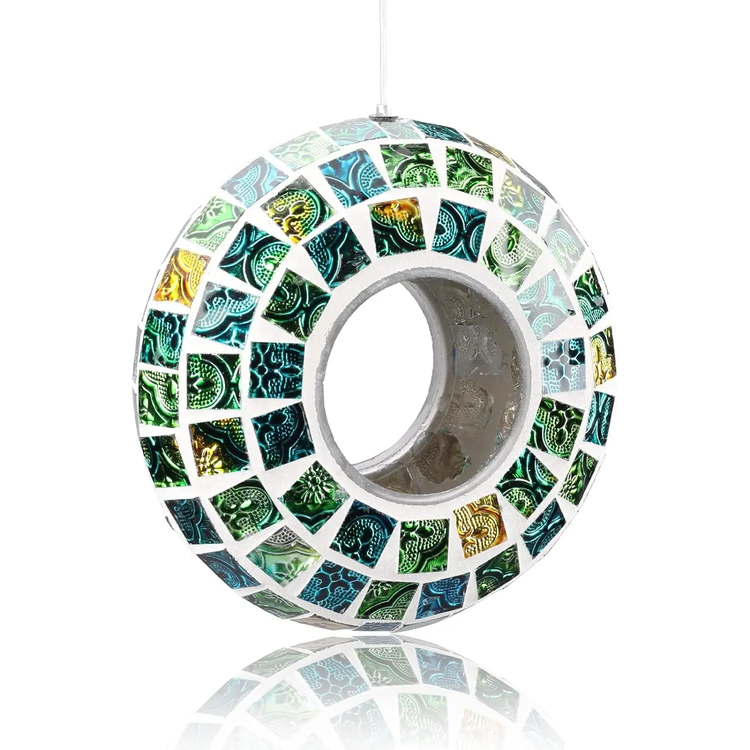 Bird Feeder - Fly Through Birds Feeder for Outside, Hanging Mosaic Glass Birdfeeder for Outdoors Circle  Bird Seed Container, 7-inch Green