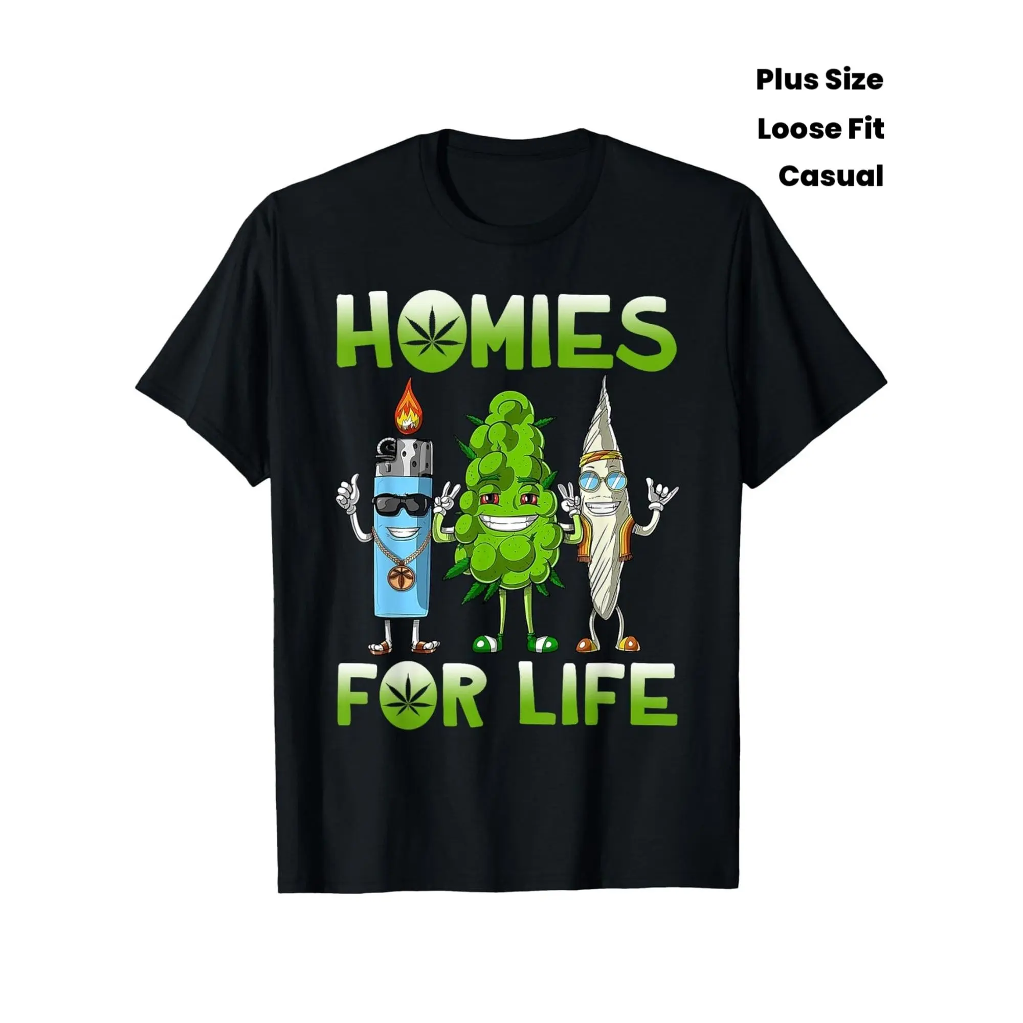 Soft Fabric Men's Shortsleeve T-Shirt - Funny Homies for Life 420 Culture, Cartoon Joint Characters & Leaf Design, Loose Round Neck Casual Menswear Tee for Parties, Outdoor Activities, Plus Size All-Season Top, Tshirt