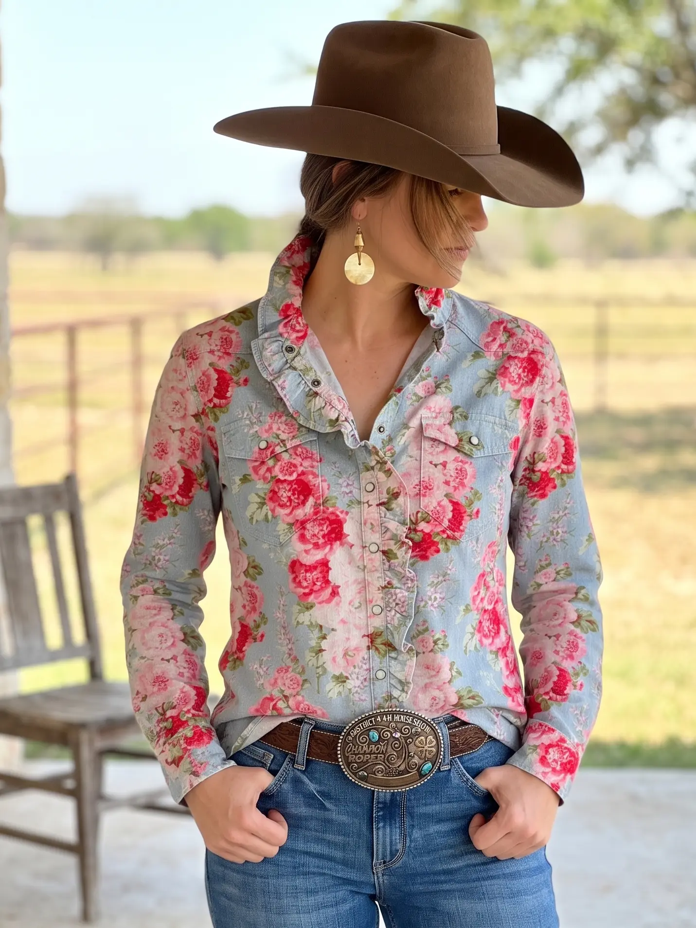 Women's Feminine Petal Vintage Floral Western Cowgirl Blouse - Breathable Textured Crepe, Ruffle Button-Down, Roses Print, Pockets Design, Boho 1-Piece Top