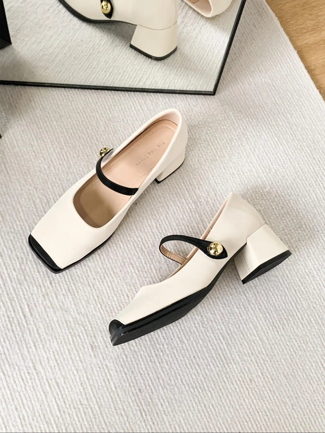 French Style Square Toe Ballet Mary Jane Shoes for Women, Casual PU Leather Low Heel Slip-On Flats, Spring & Fall Fashion Footwear
