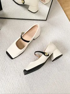 French Style Square Toe Ballet Mary Jane Shoes for Women, Casual PU Leather Low Heel Slip-On Flats, Spring & Fall Fashion Footwear
