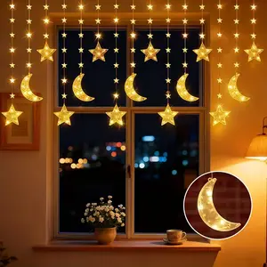 LED Romantic Star Moon String Lights, Warm Light, 8 Modes, Battery Powered, Smart Flash, Indoor Outdoor Decorative, Garden, Patio, Camping