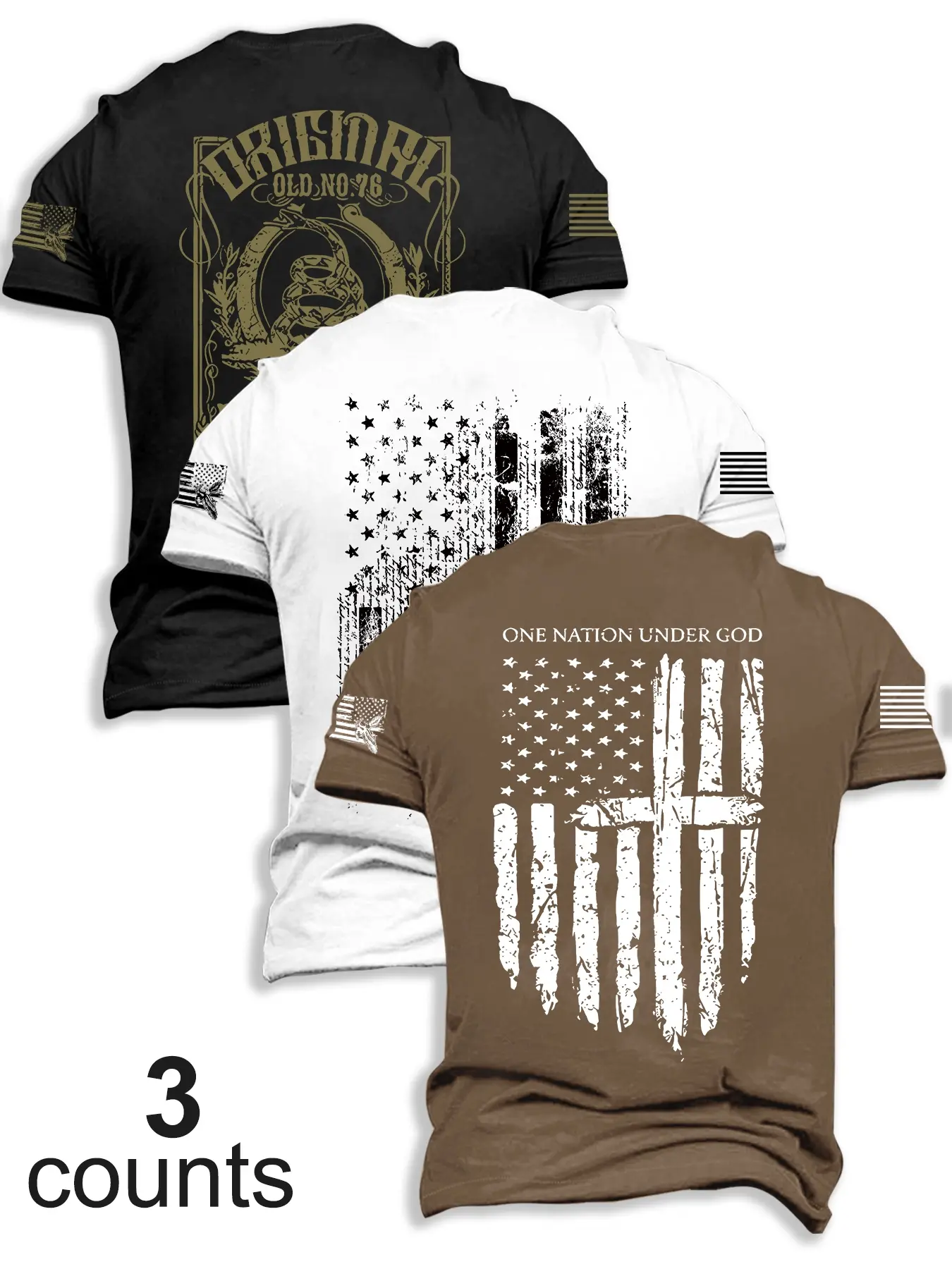 3-Pack Men's Moderate Fabric Flag Series Short Sleeve Casual Print Fitted Round Neck Casual Crew Neck T-Shirts, Summer Fashion Outdoor Travel Tees