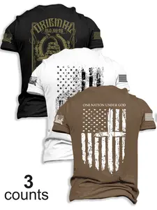 Men's Flag Series Short Sleeve Casual Streetwear T-Shirts Set, Summer Fashion Outdoor Travel Tees, 3 Pack Fitted Style, Moderate Fabric, Prints