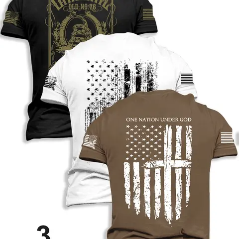 3-Pack Men's Moderate Fabric Flag Series Short Sleeve Casual Print Fitted Round Neck Casual Crew Neck T-Shirts, Summer Fashion Outdoor Travel Tees