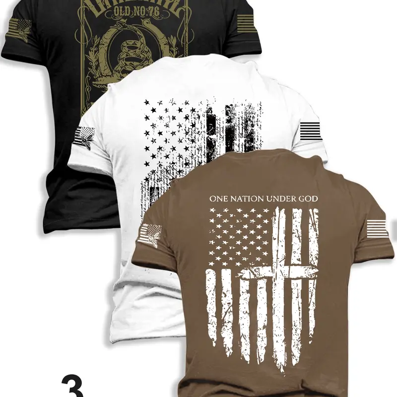 3-Pack Men's Moderate Fabric Flag Series Short Sleeve Casual Print Fitted Round Neck Casual Crew Neck T-Shirts, Summer Fashion Outdoor Travel Tees