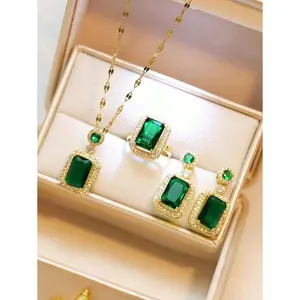 Green Diamond High-End Earrings, Necklace, Ring Set, Banquet Dress Accessories