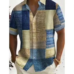 Summer Vibes Men's Retro Short Sleeve Shirt - Casual Button-Down Shirts With Geometric Pattern, Button Up Collar, Leisure Style, Perfect For Hawaiian Vacation, Beach, Outdoor Activities And Daily Wear