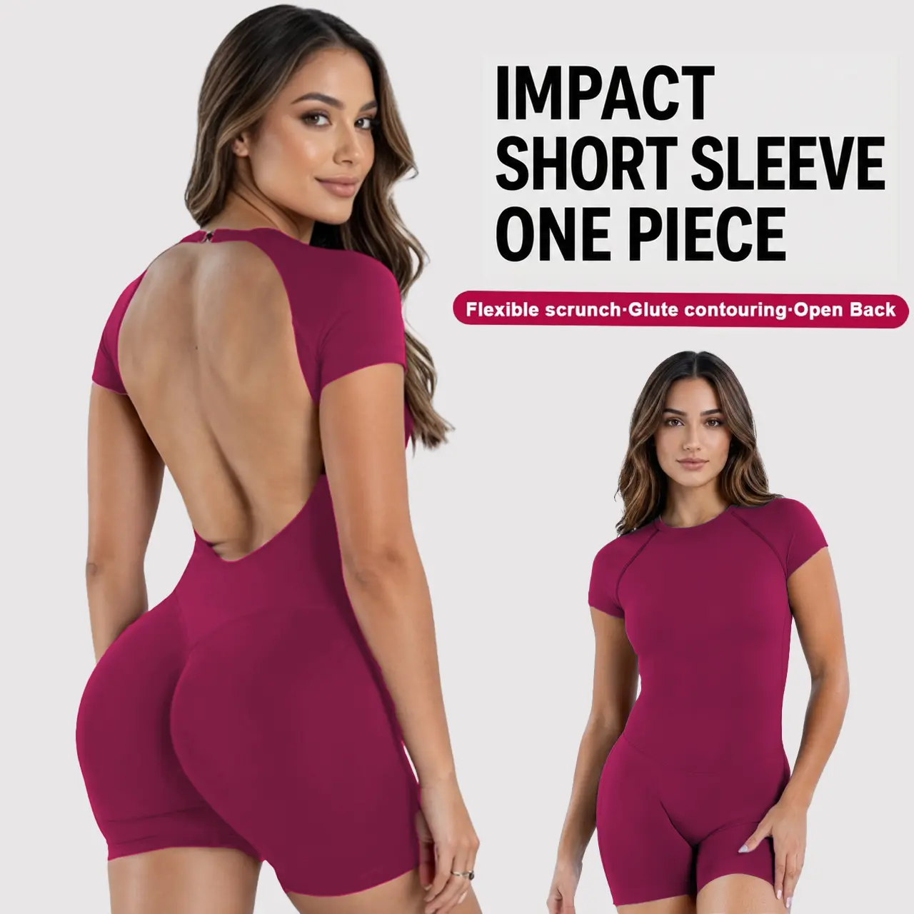 [SIZE UP 1] DEEFY Impact Short Sleeve One Piece Bodysuit Women's Seamless Workout Unitard Tummy Control Butt Lifting Short Sleeve Yoga Romper