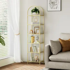 Bookshelf Arched Display Racks,Metal Bookcase,Tempered Glass Shelves,Storage Rack Shelf for Home Office,Living Room,Bedroom, Bathroom,Modern Style (Golden, 11.8" D x 13.8" W x 68.1" H)
