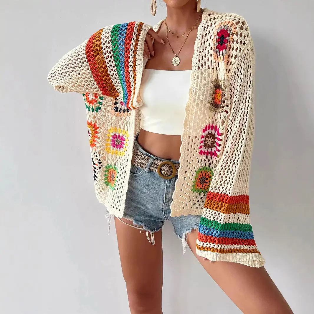 Retro Ethnic Style Crochet Floral Cardigan for Women Handcrafted Hollow Knit Long Sleeve Sweater in Random Colors 2025 Boho Fashion