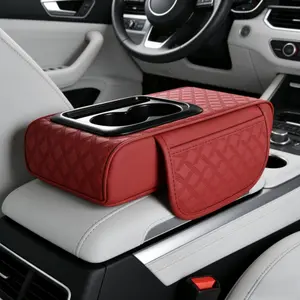 4 in 1 Universal Car Armrest Cover, 13.8×6.7×2.75 Inch PU Leather Center Console Pad with Cup Holder & 2 Storage Pockets, Multifunctional Auto Armrest Cushion Protector Mat - Red