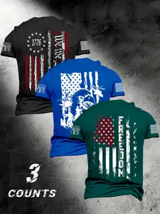 3-Pack Men's American Flag Vintage Print Short Sleeve T-Shirts, 1776/freedom Theme, Loose Fit, Breathable, Summer Patriotic Streetwear Casual Tops