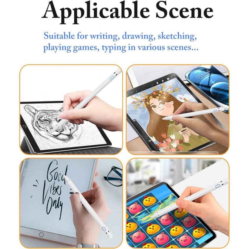 Active Digital Stylus Pen for Touchscreen, Stylus Pencil for Apple iPad mini/Pro/Air, Samsung, iPhone, Android and Most Phone & Tablet, 1.5mm Fine Point Rechargeable Pens - White