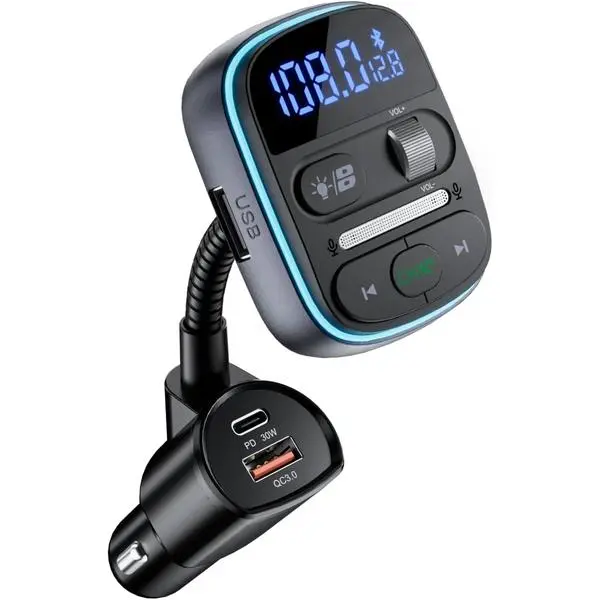 LENCENT Bluetooth FM Transmitter PD 30W, Bluetooth Car Adapter with QC3.0 Fast Charger, Hi-Fi Bass Music, Wireless Radio Receiver Hands-Free Calling, [Color Light]