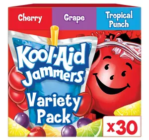 Kool-Aid Jammers Drink, 30 Pouches, for School Lunches and On-the-Go Hydration, Artificially Flavored Tropical Punch, Grape and Cherry Flavors, 6 fl oz