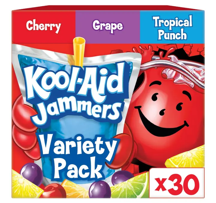 Kool-Aid Jammers Drink, 30 Pouches, for School Lunches and On-the-Go Hydration, Artificially Flavored Tropical Punch, Grape and Cherry Flavors, 6 fl oz