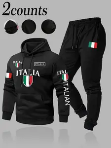 Men's 2-Piece Italy Flag Graphic Hoodie and Joggers Set, Patriotic Streetwear Tracksuit, Comfortable Cotton Blend Activewear, Italian Pride Outfit, Perfect for Daily Leisure, Workouts & Italy Culture Enthusiasts